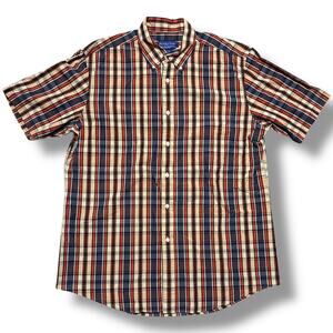 Pendleton Short Sleeve Shirt Blue Beige Red Plaid Madras Cotton Button Up Sz L